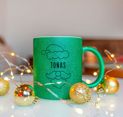 Keramik Tasse in Glitzer + Grün mit Name | Weihnachtsmann