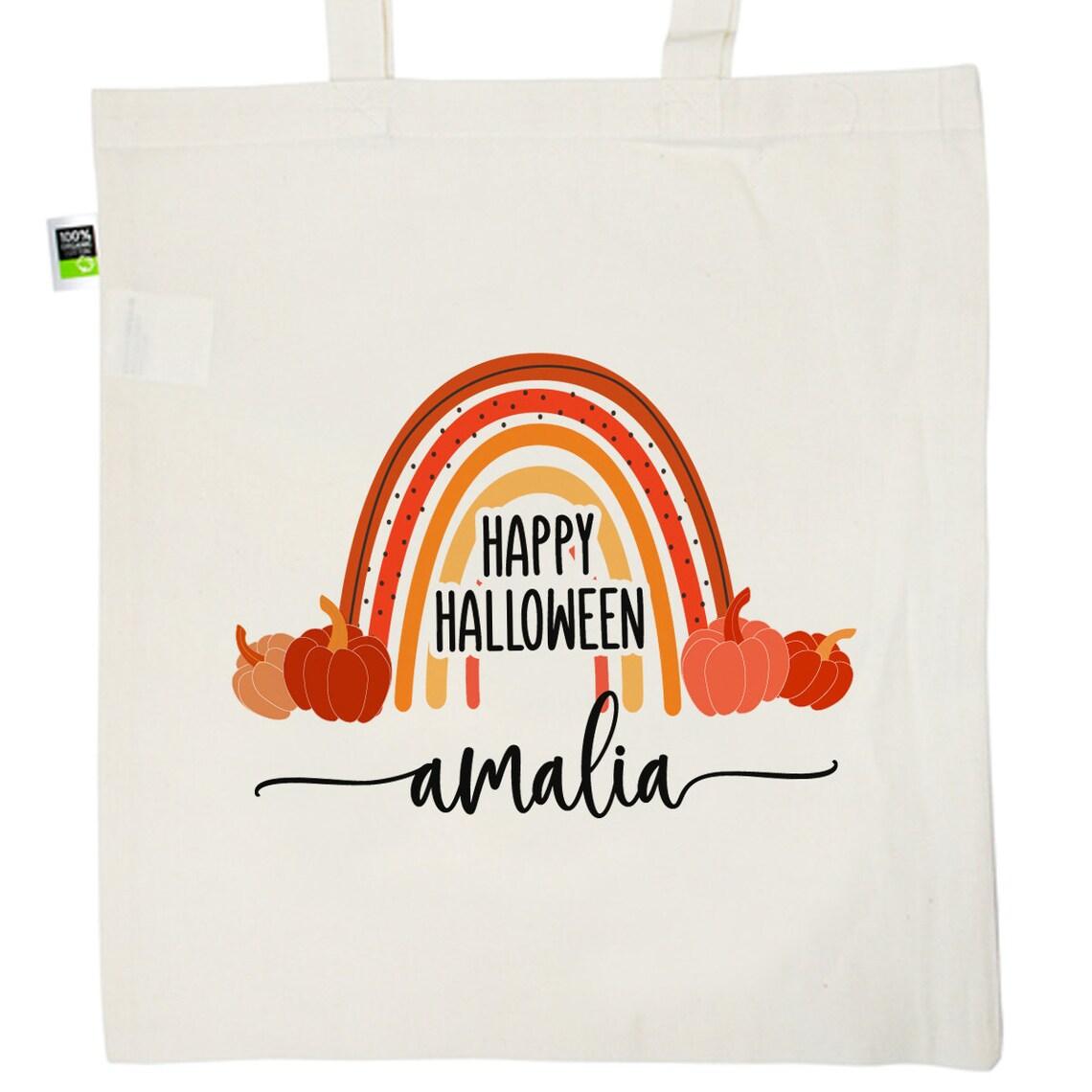 Halloween Stoffbeutel mit eigenen Namen für Süßigkeiten - Motiv: Regenbogen Kürbis - verschenkich.de