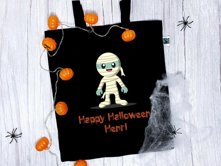Halloween Stofftasche mit eigenen Namen für Süßigkeiten - Motiv: Mumie - verschenkich.de