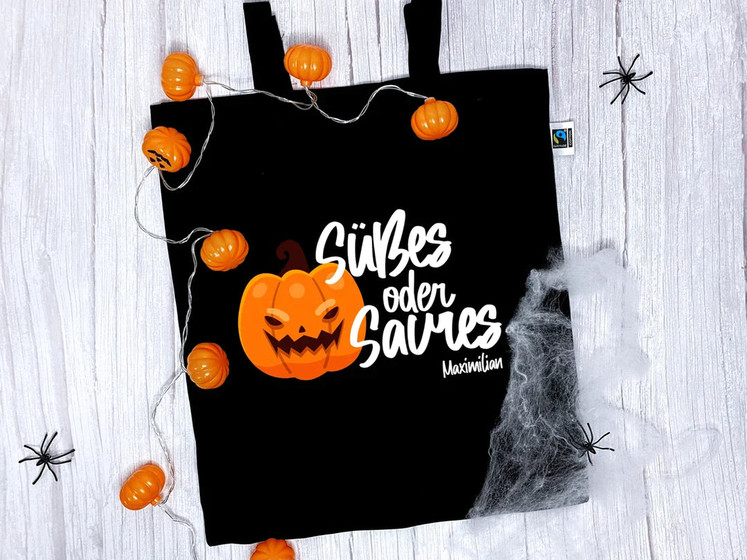 Halloween Stofftasche mit eigenen Namen für Süßigkeiten - Motiv: Süßes od. Saures - verschenkich.de