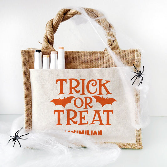 Jute Pocket Tasche mit Name | Trick or Treat orange