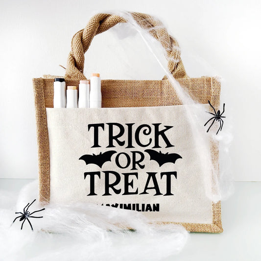 Jute Pocket Tasche mit Name | Trick or Treat schwarz