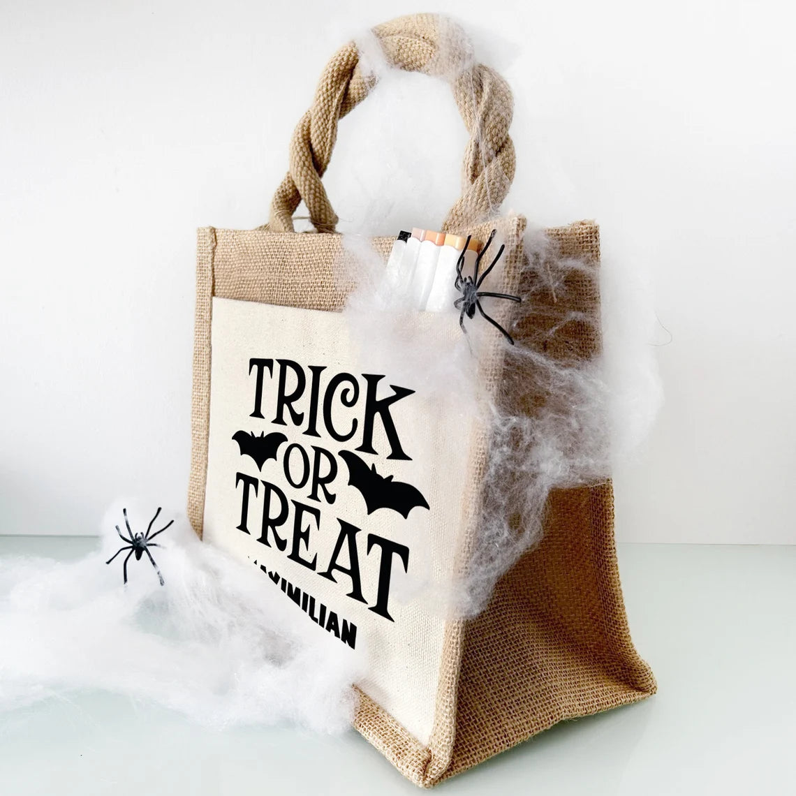Jute Pocket Tasche mit Name | Trick or Treat schwarz