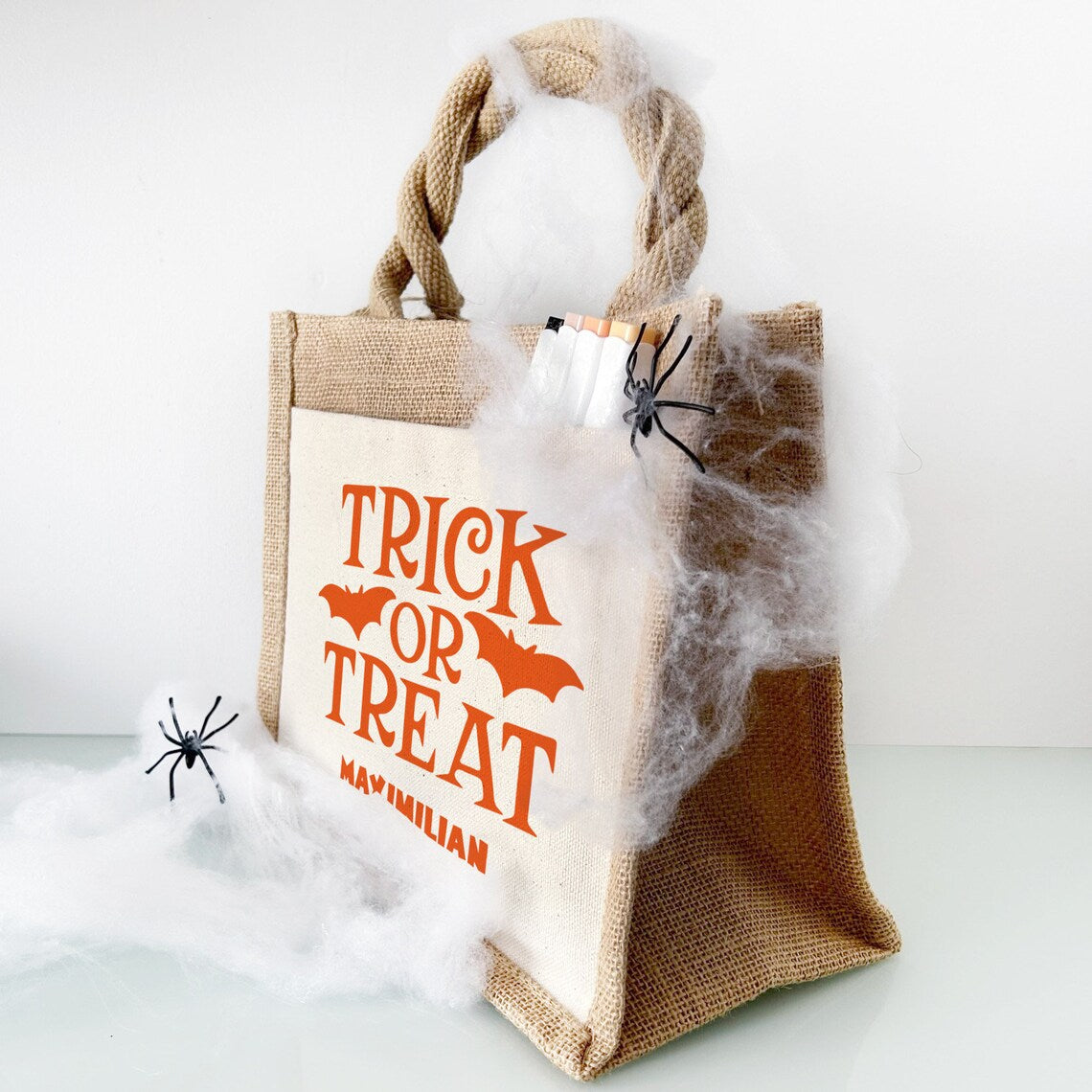 Jute Pocket Tasche mit Name | Trick or Treat orange