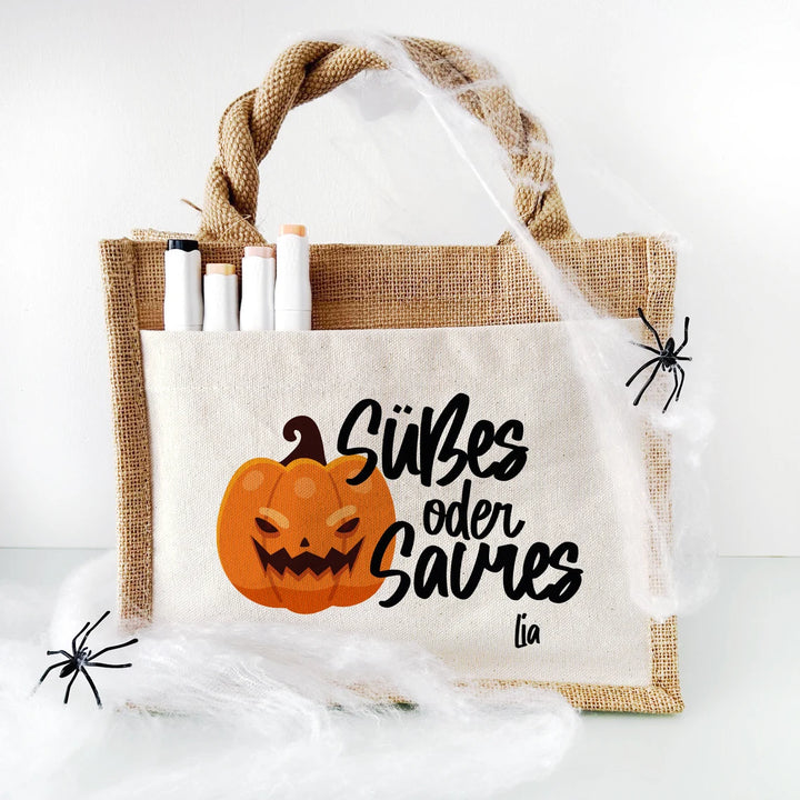Halloween Süßigkeiten Tasche mit eigenen Namen für Kinder - Motiv: Süßes oder Saures