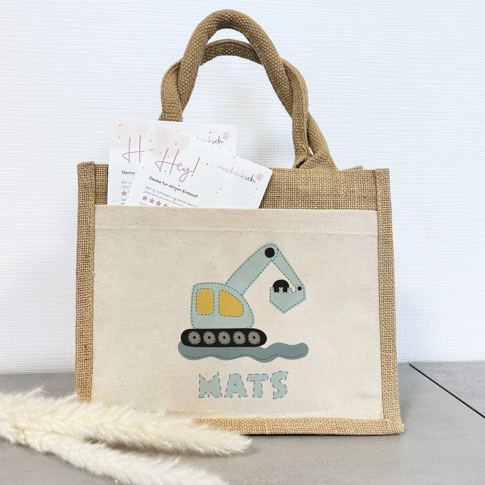 Jute Pocket Tasche mit Namen | Bagger blau - verschenkich.de
