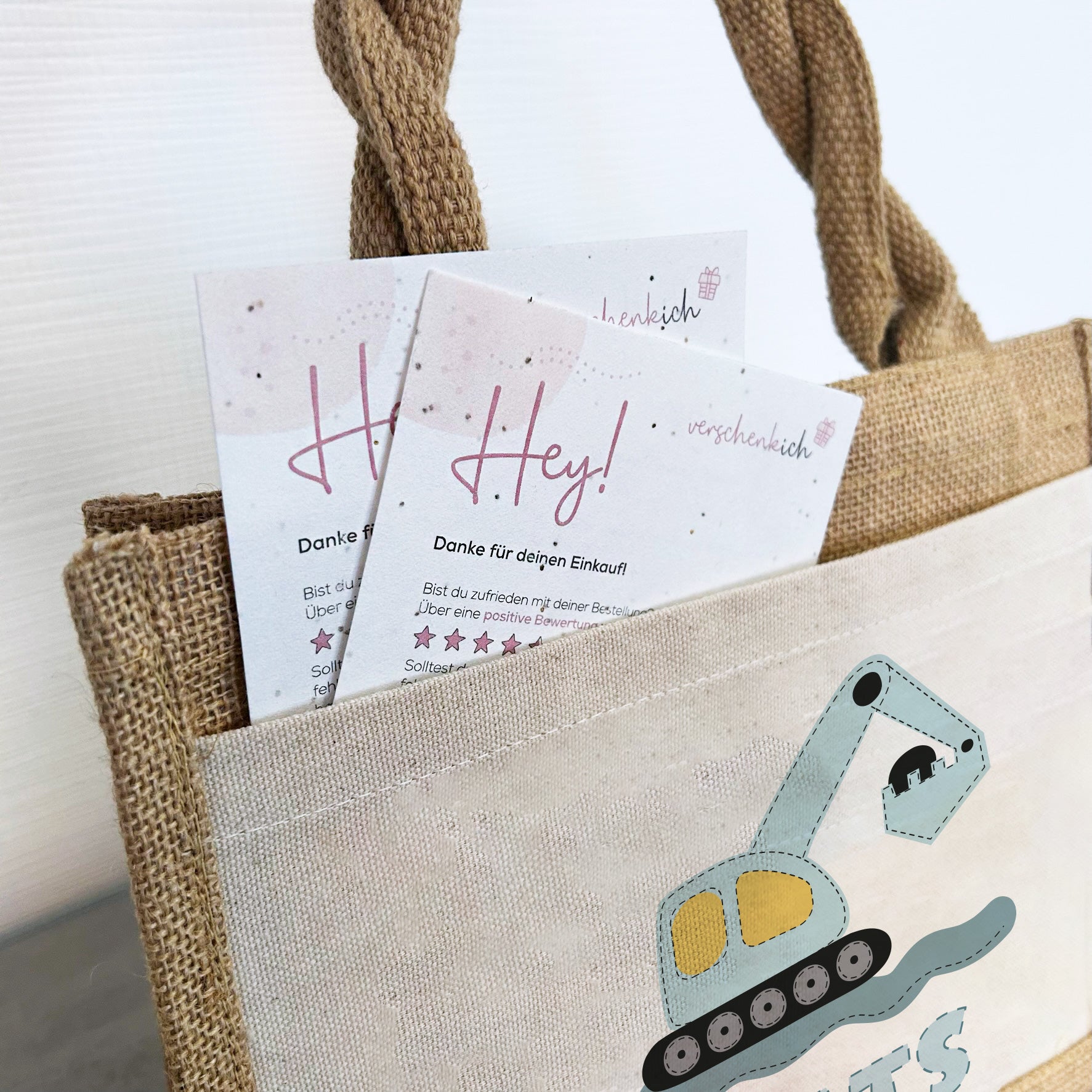 Jute Pocket Tasche mit Namen | Bagger blau - verschenkich.de