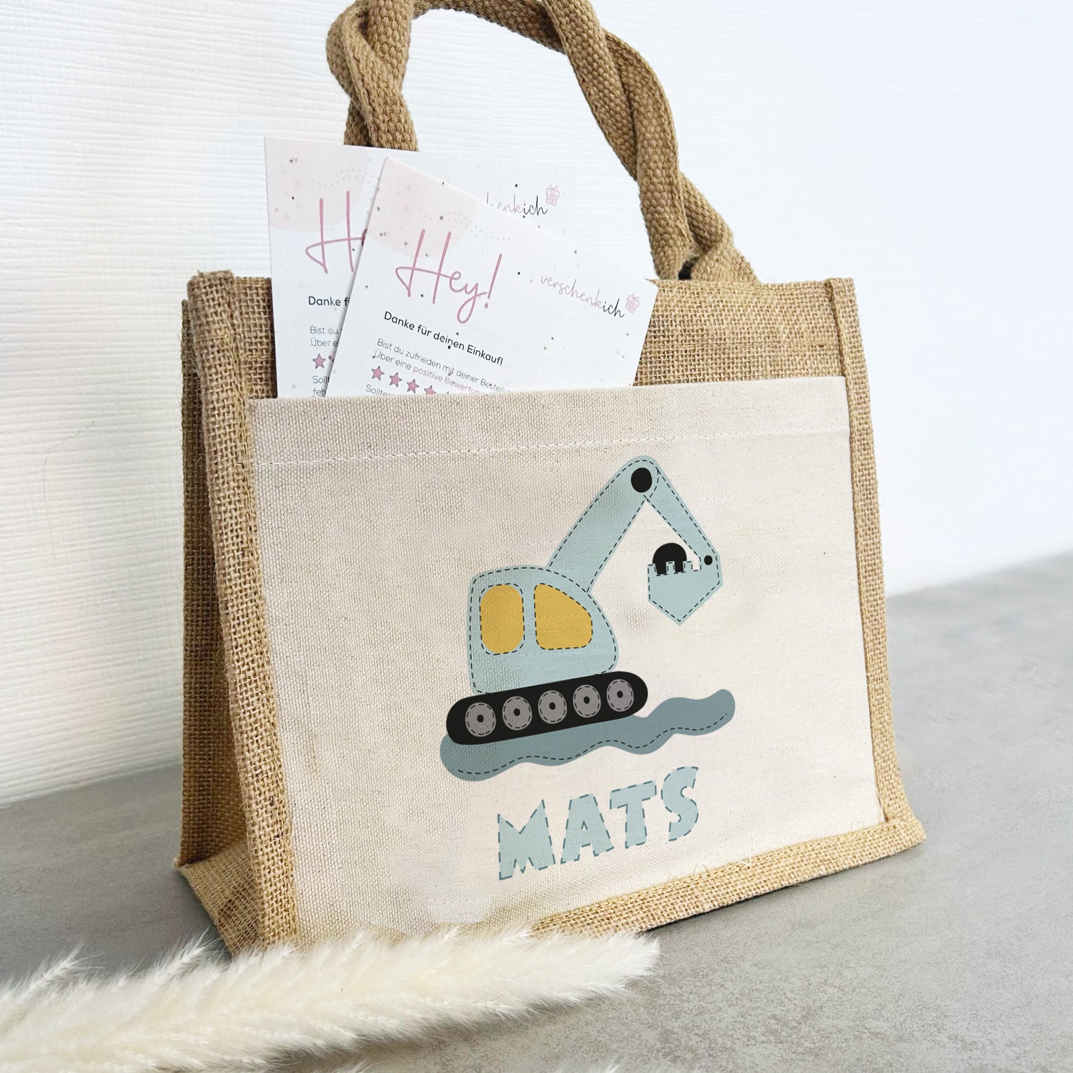 Jute Pocket Tasche mit Namen | Bagger blau - verschenkich.de