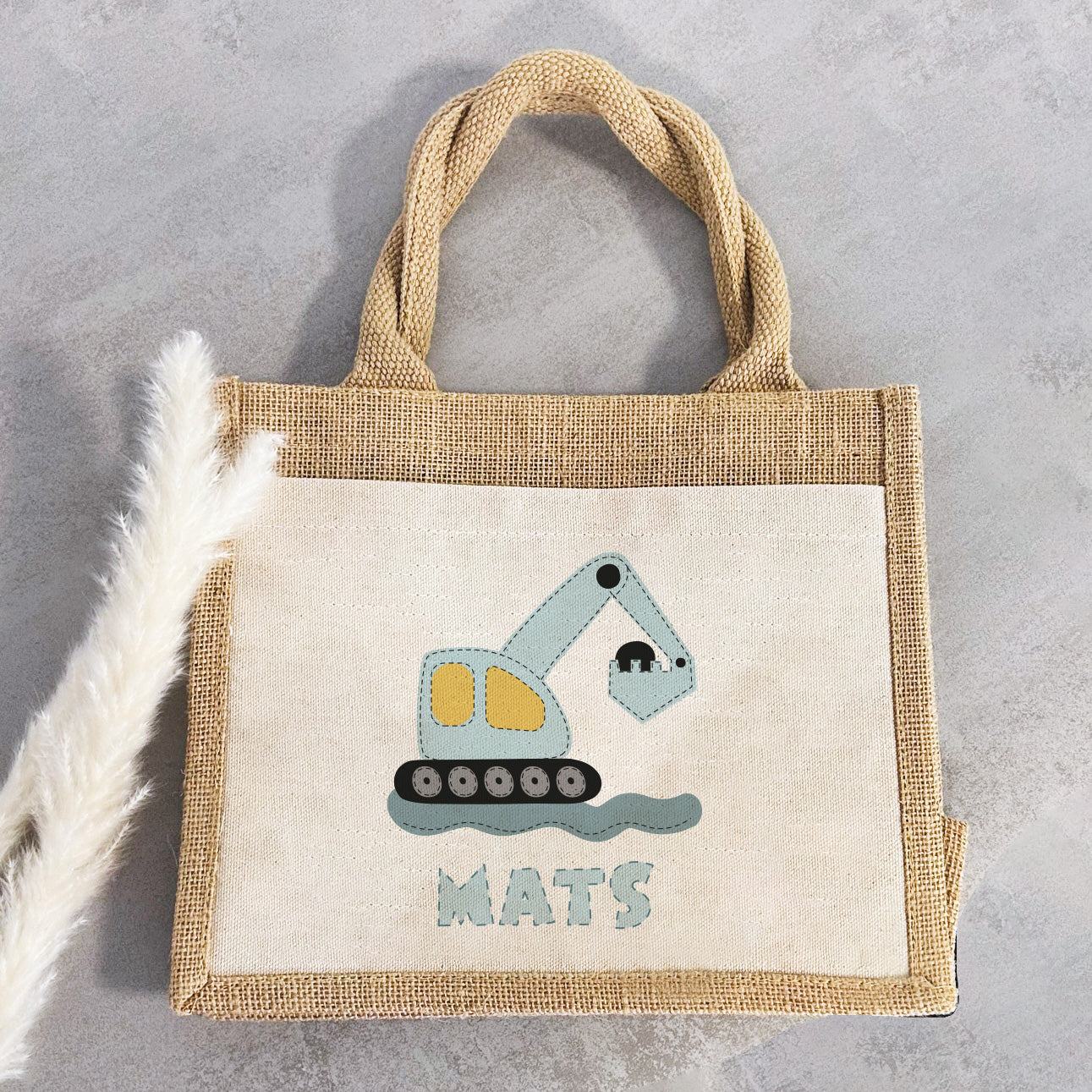 Jute Pocket Tasche mit Namen | Bagger blau - verschenkich.de