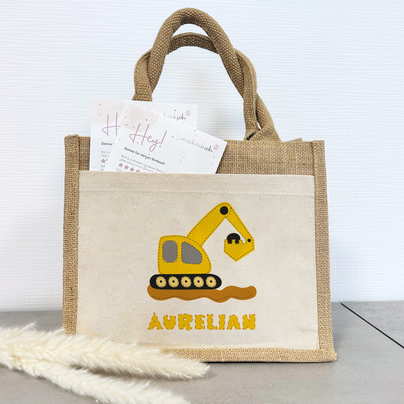 Jute Pocket Tasche mit Namen | Bagger gelb - verschenkich.de