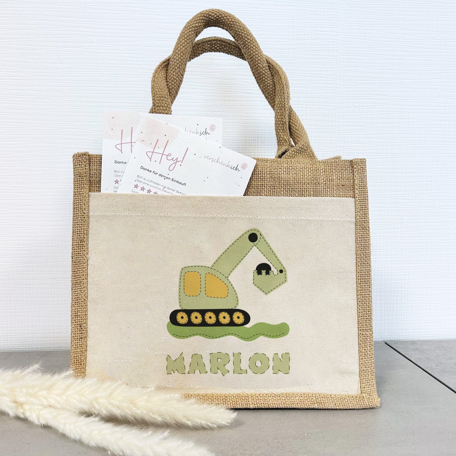 Jute Pocket Tasche mit Namen | Bagger grün - verschenkich.de