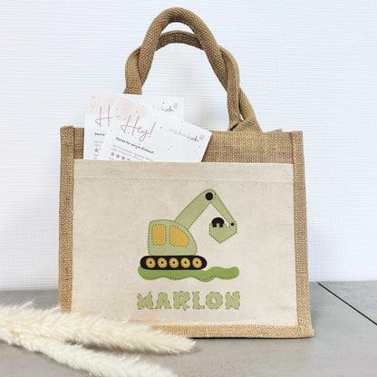 Jute Pocket Tasche mit Namen | Bagger grün - verschenkich.de