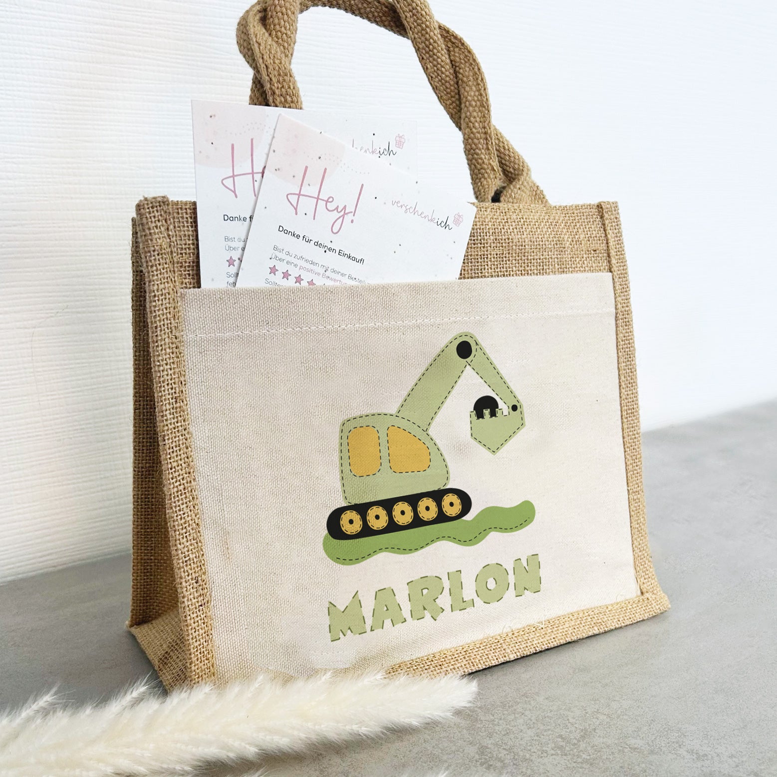 Jute Pocket Tasche mit Namen | Bagger grün - verschenkich.de