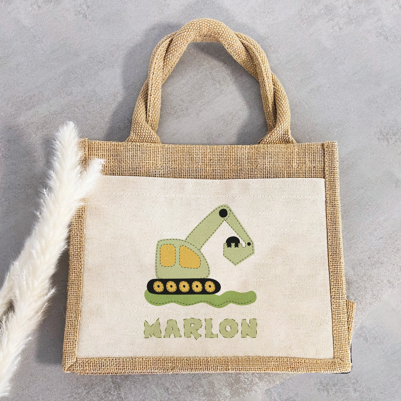 Jute Pocket Tasche mit Namen | Bagger grün - verschenkich.de