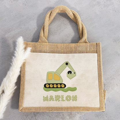 Jute Pocket Tasche mit Namen | Bagger grün - verschenkich.de