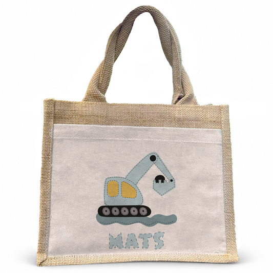 Jute Pocket Tasche mit Namen | Bagger blau