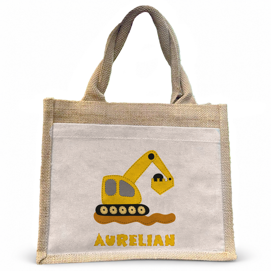 Jute Pocket Tasche mit Namen | Bagger gelb