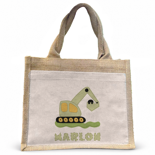 Jute Pocket Tasche mit Namen | Bagger grün