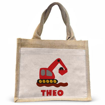 Jute Pocket Tasche mit Namen | Bagger rot