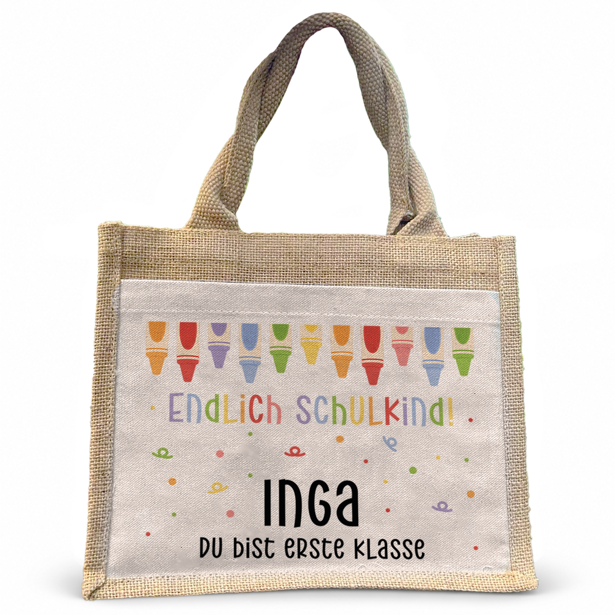 Jute Pocket Tasche mit Namen | Endlich Schulkind bunt | Stifte 3