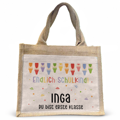 Jute Pocket Tasche mit Namen | Endlich Schulkind bunt | Stifte 3
