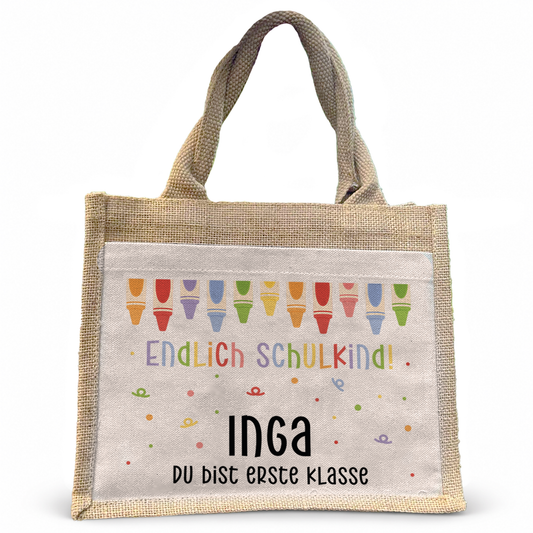 Jute Pocket Tasche mit Namen | Endlich Schulkind bunt | Stifte 3