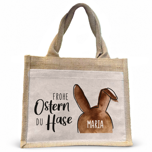 Jute Pocket Tasche mit Namen | Frohe Ostern du Hase 01