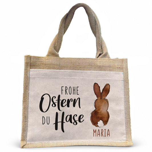 Jute Pocket Tasche mit Namen | Frohe Ostern du Hase 02