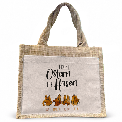 Jute Pocket Tasche mit Namen | Frohe Ostern ihr Hasen