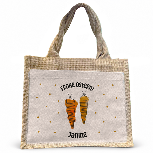 Jute Pocket Tasche mit Namen | Frohe Ostern Karotten