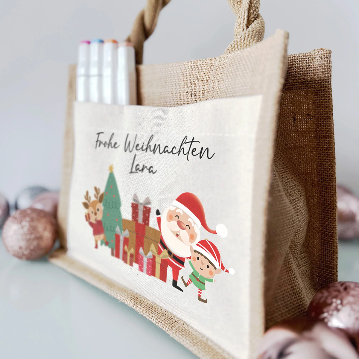 Jute Pocket Tasche mit Namen | Frohe Weihnachten
