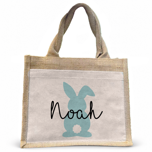 Jute Pocket Tasche mit Namen | Hase blau