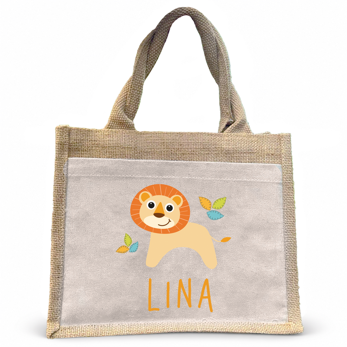 Jute Pocket Tasche mit Namen | Löwe mit Blätter