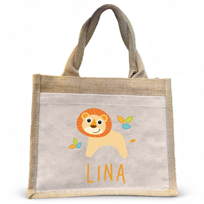 Jute Pocket Tasche mit Namen | Löwe mit Blätter
