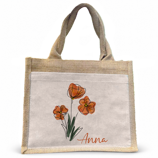 Jute Pocket Tasche mit Namen | Mohnblumen