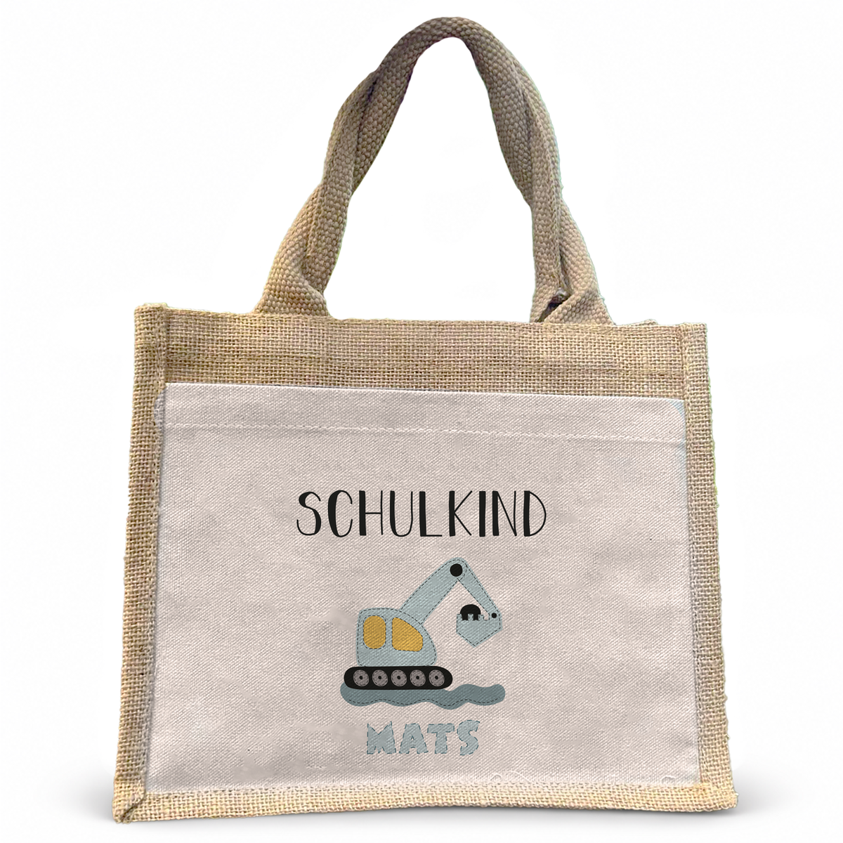 Jute Pocket Tasche mit Namen | Schulkind Bagger blau