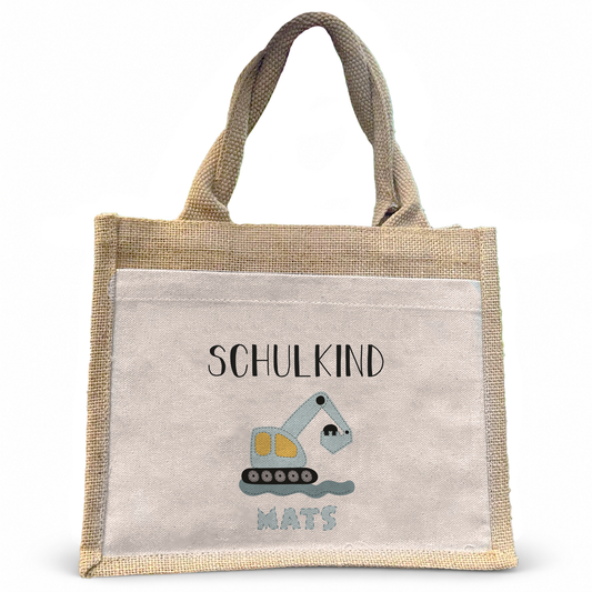 Jute Pocket Tasche mit Namen | Schulkind Bagger blau