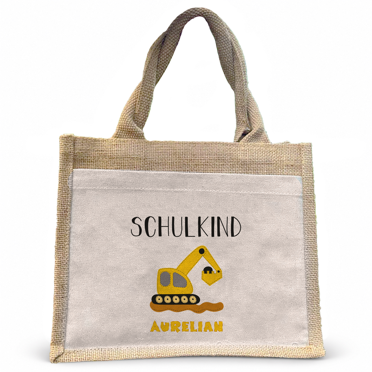 Jute Pocket Tasche mit Namen | Schulkind Bagger gelb