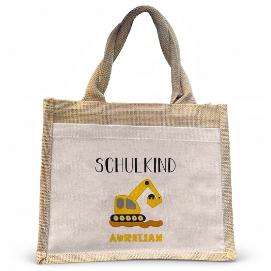 Jute Pocket Tasche mit Namen | Schulkind Bagger gelb