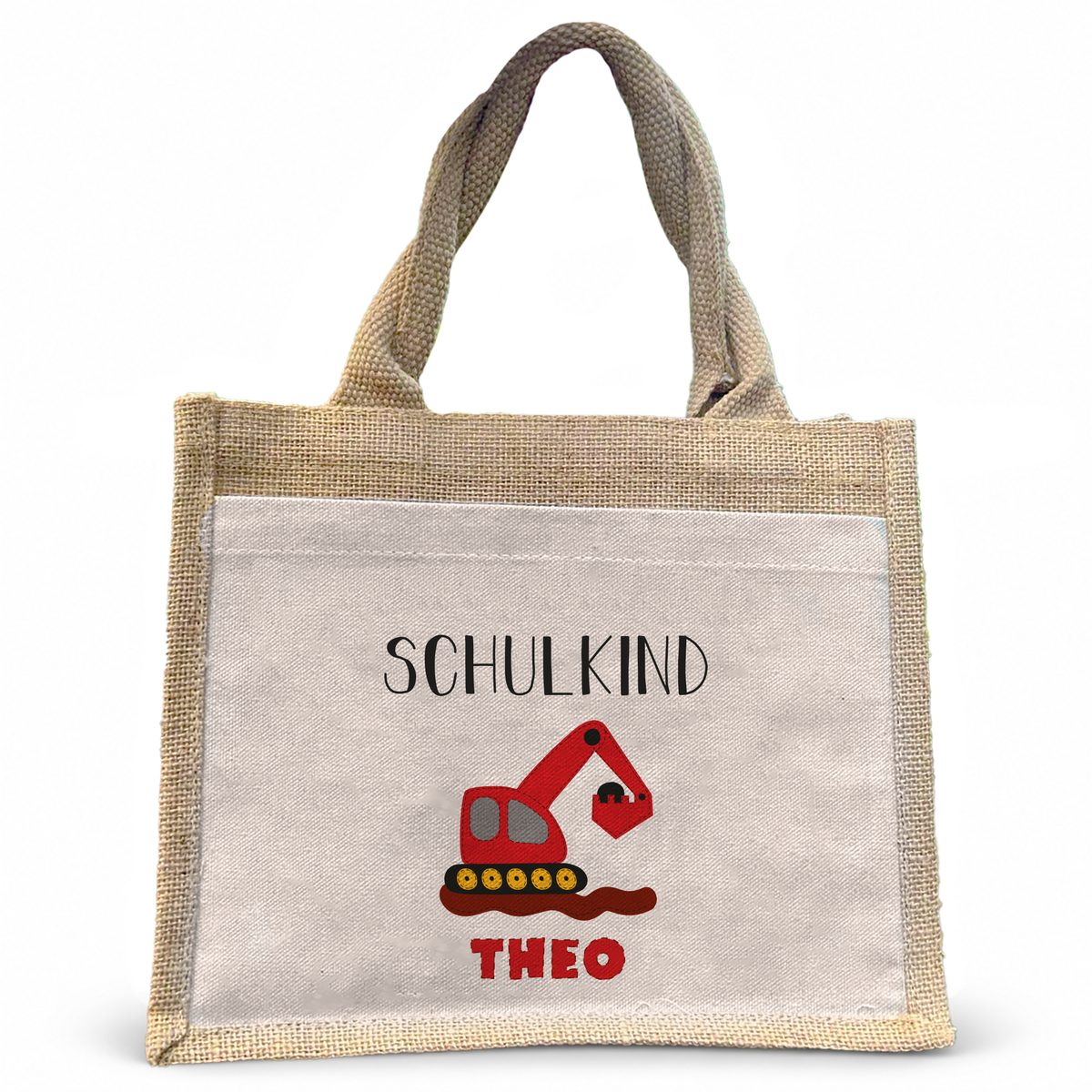 Jute Pocket Tasche mit Namen | Schulkind Bagger rot