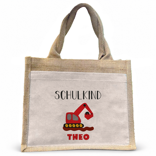 Jute Pocket Tasche mit Namen | Schulkind Bagger rot