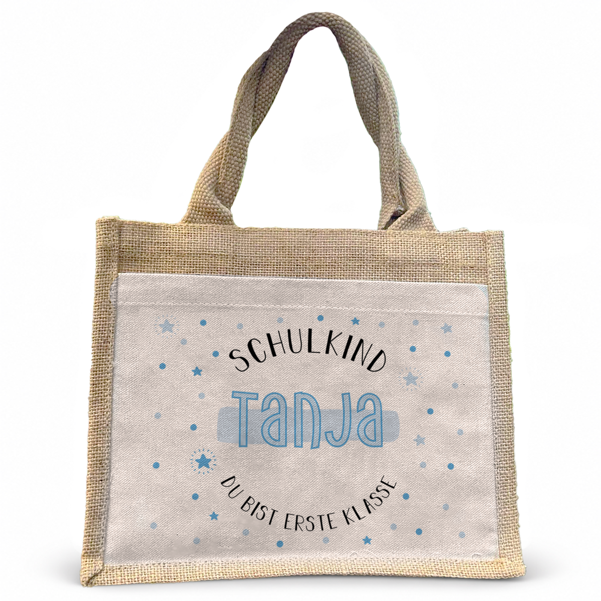 Jute Pocket Tasche mit Namen | Schulkind Blau
