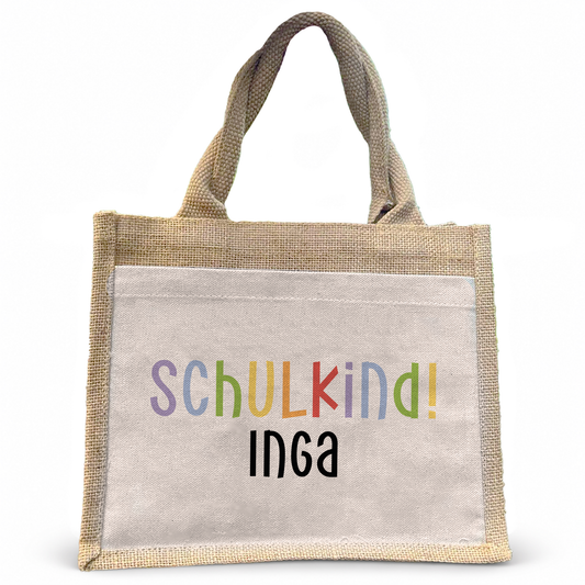 Jute Pocket Tasche mit Namen | Schulkind bunt 1