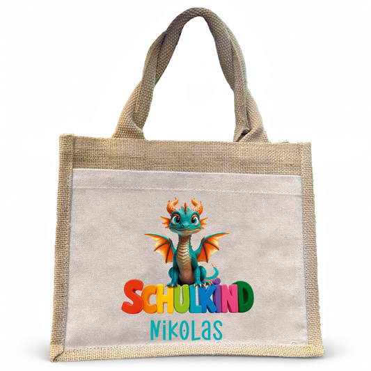Jute Pocket Tasche mit Namen | Schulkind Drache