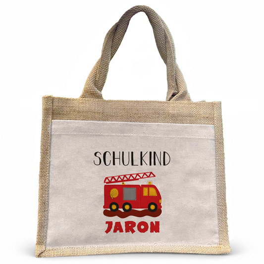 Jute Pocket Tasche mit Namen | Schulkind Feuerwehr