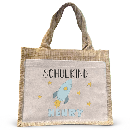 Jute Pocket Tasche mit Namen | Schulkind Rakete