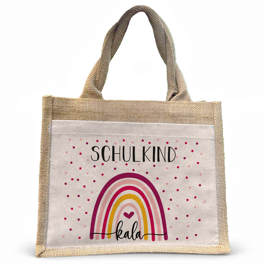 Jute Pocket Tasche mit Namen | Schulkind Regenbogen bunt