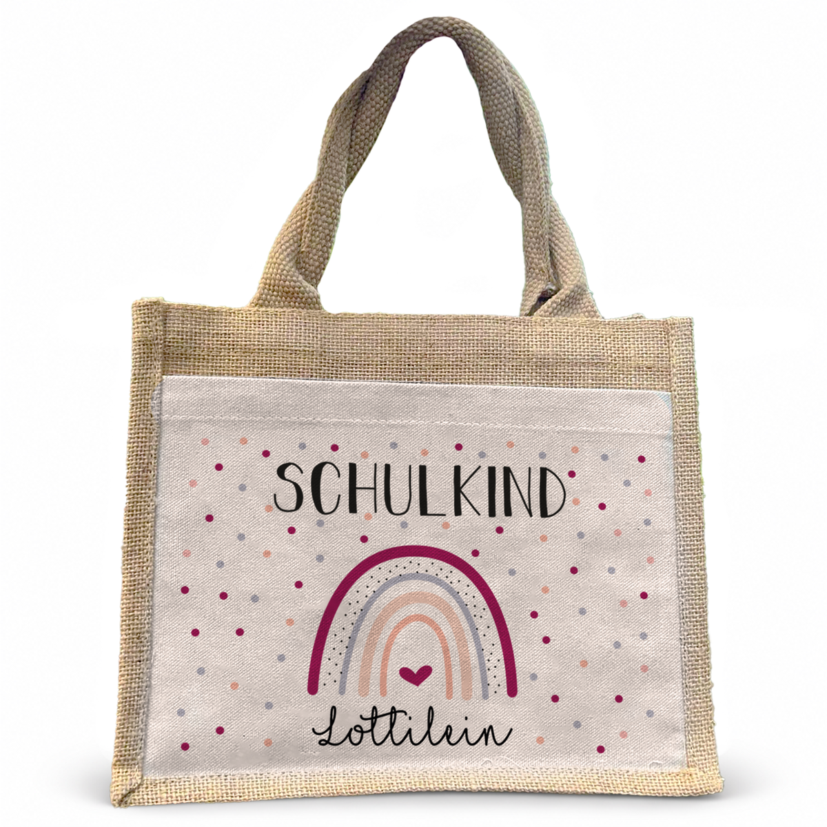 Jute Pocket Tasche mit Namen | Schulkind Regenbogen + Herz lila