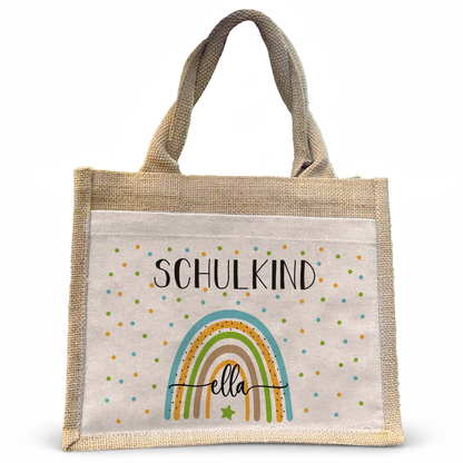 Jute Pocket Tasche mit Namen | Schulkind Regenbogen blau- grün