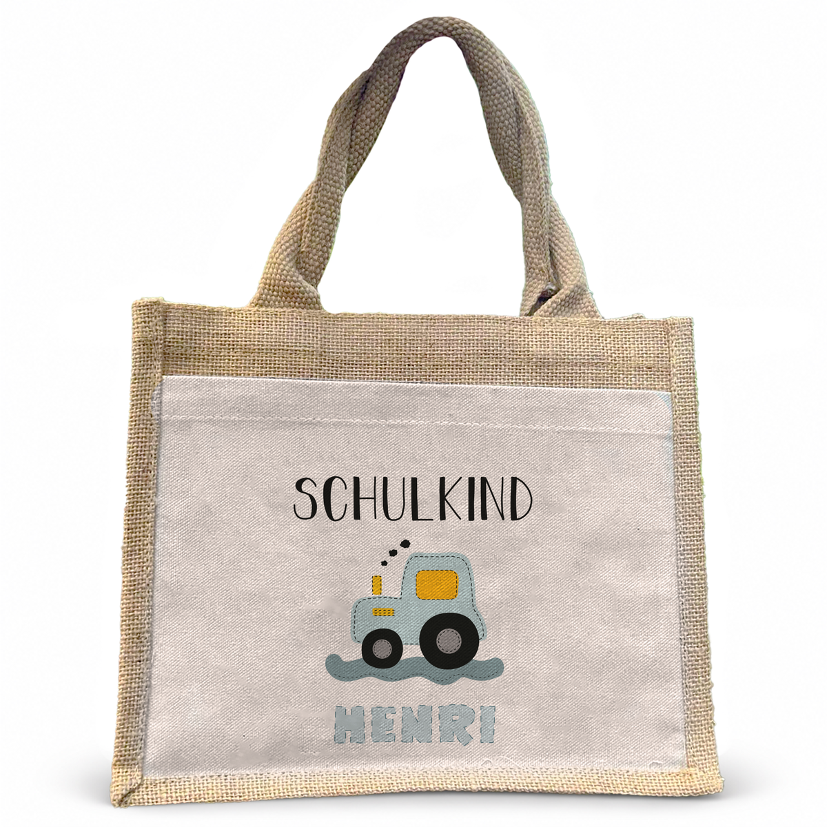 Jute Pocket Tasche mit Namen | Schulkind Traktor blau